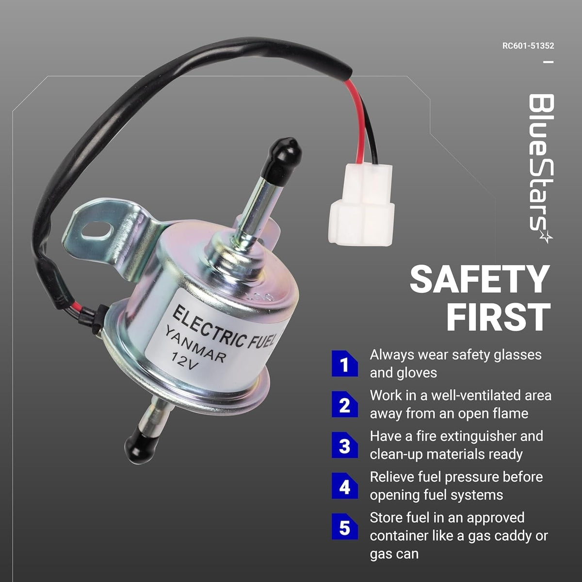 RC601-51352 electric fuel pump for Yanmar engines with wiring harness and safety instructions.