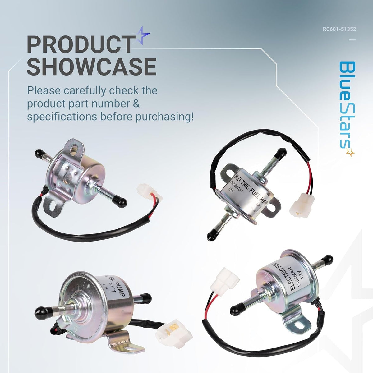 RC601-51352 electric fuel pump showcase featuring multiple angles of the 12V unit with wiring harness.