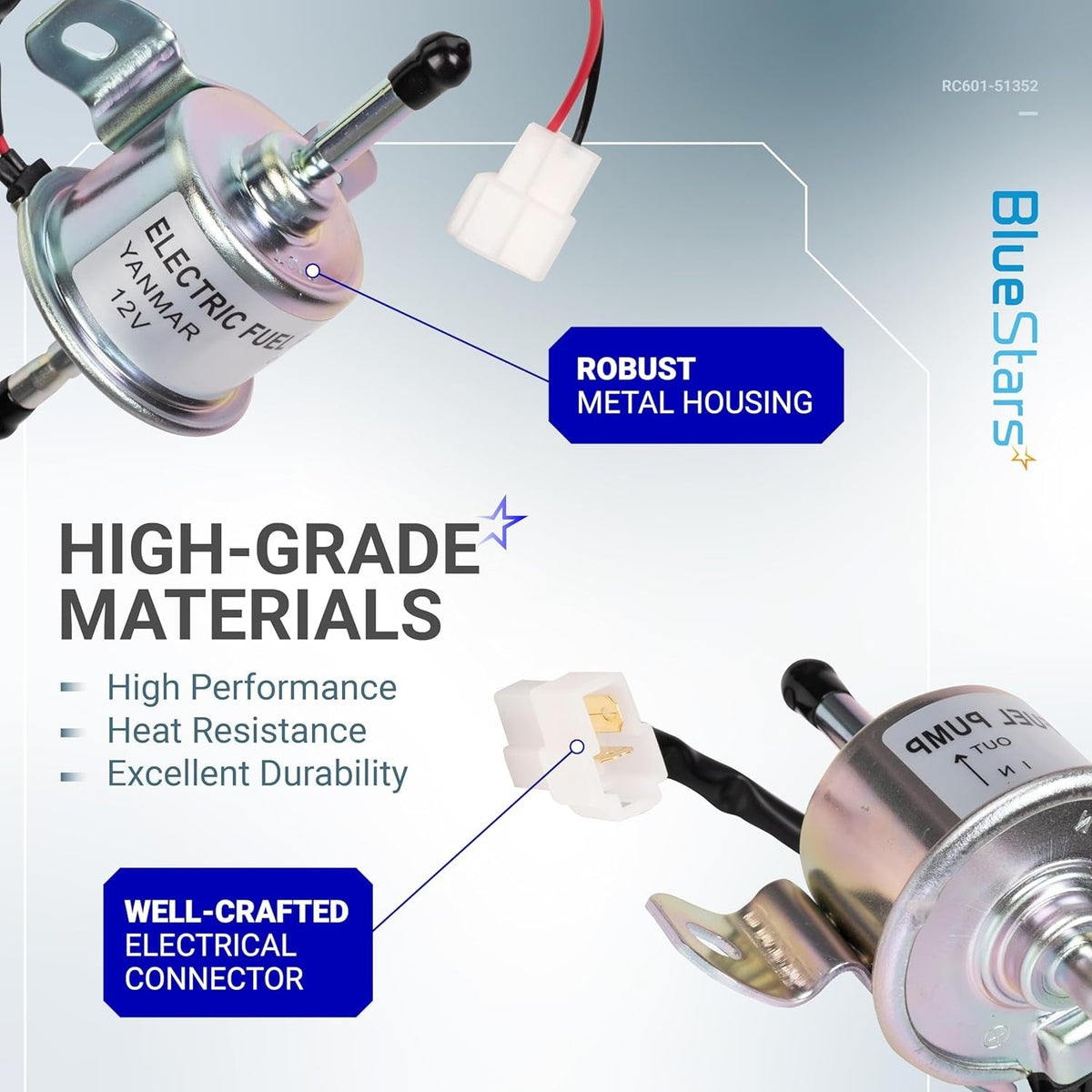 RC601-51352 electric fuel pump showing metal housing and electrical connector details.