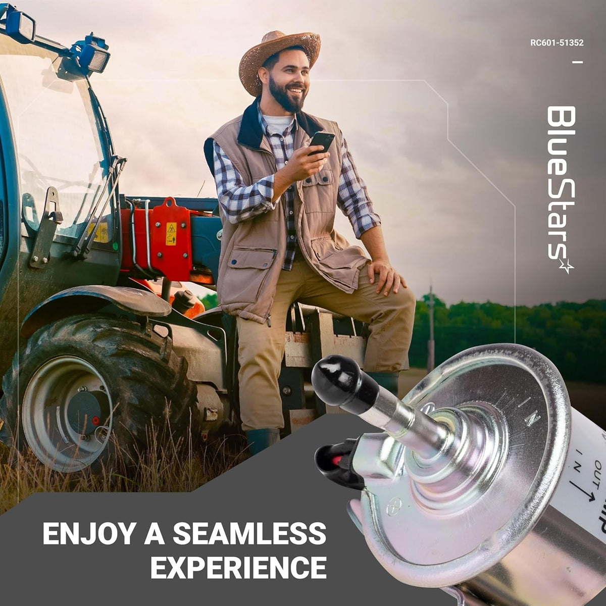 RC601-51352 fuel pump replacement part shown in a promotional lifestyle graphic with a farmer and tractor.