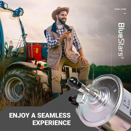 RC601-51352 fuel pump replacement part shown in a promotional lifestyle graphic with a farmer and tractor.