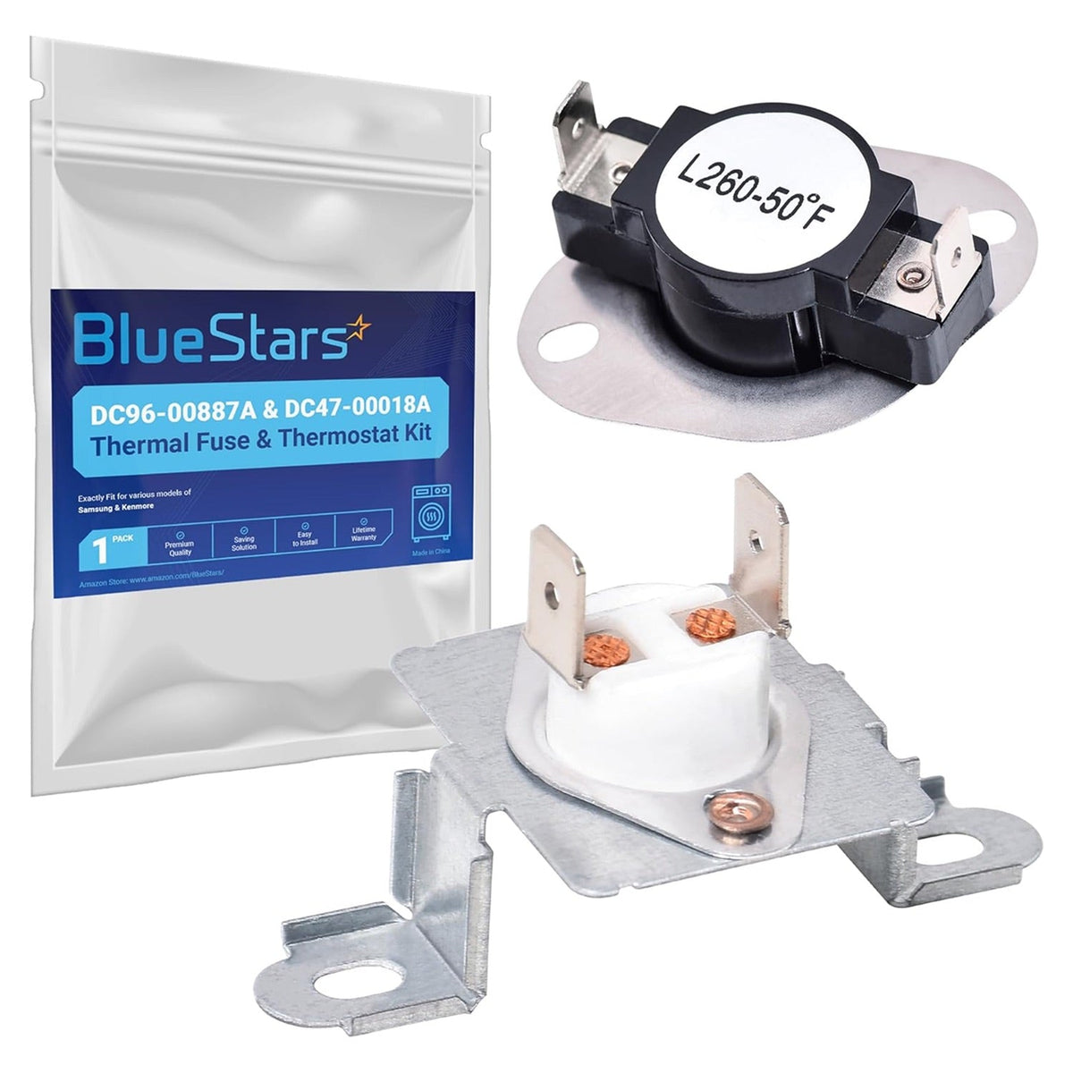 BlueStars dryer thermal fuse and thermostat kit with packaging for Samsung and Whirlpool dryers.