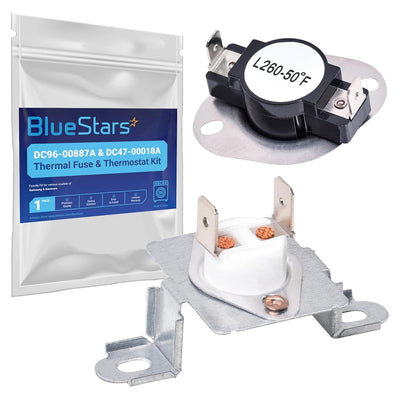 BlueStars dryer thermal fuse and thermostat kit with packaging for Samsung and Whirlpool dryers.