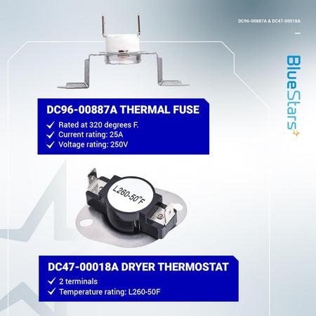 DC96-00887A dryer thermal fuse and DC47-00018A thermostat replacement parts for Samsung dryers.