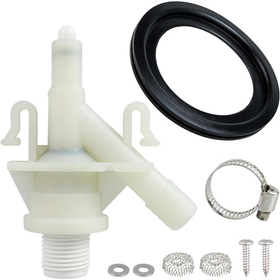 RV Toilet Valve Kit for Dometic 300-321 Toilets, valve assembly, seal, hose clamp, washers, screens and screws.
