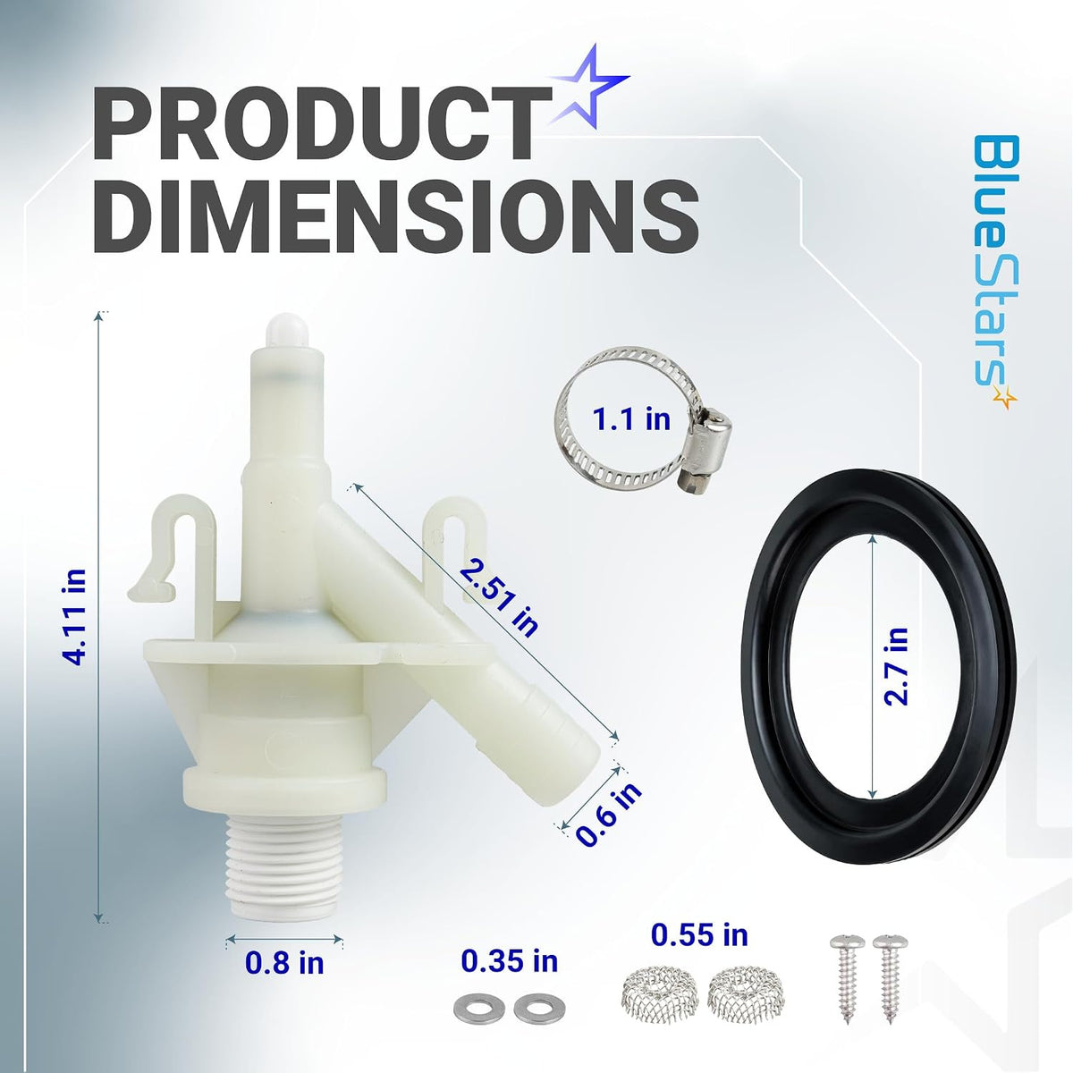 RV Toilet Valve Kit for Dometic 300-321 Toilets, product dimensions diagram with valve, seal, clamp and hardware