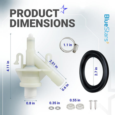 RV Toilet Valve Kit for Dometic 300-321 Toilets, product dimensions diagram with valve, seal, clamp and hardware