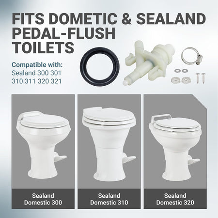 RV Toilet Valve Kit for Dometic 300 301 310 311 320 321 Toilets, compatibility graphic with valve, seal and hardware