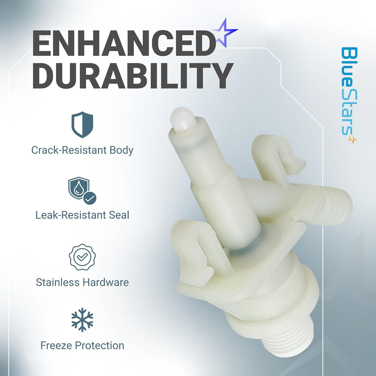 RV Toilet Valve Kit, close-up with enhanced durability callouts for crack resistance, leak resistance, hardware, and freeze p