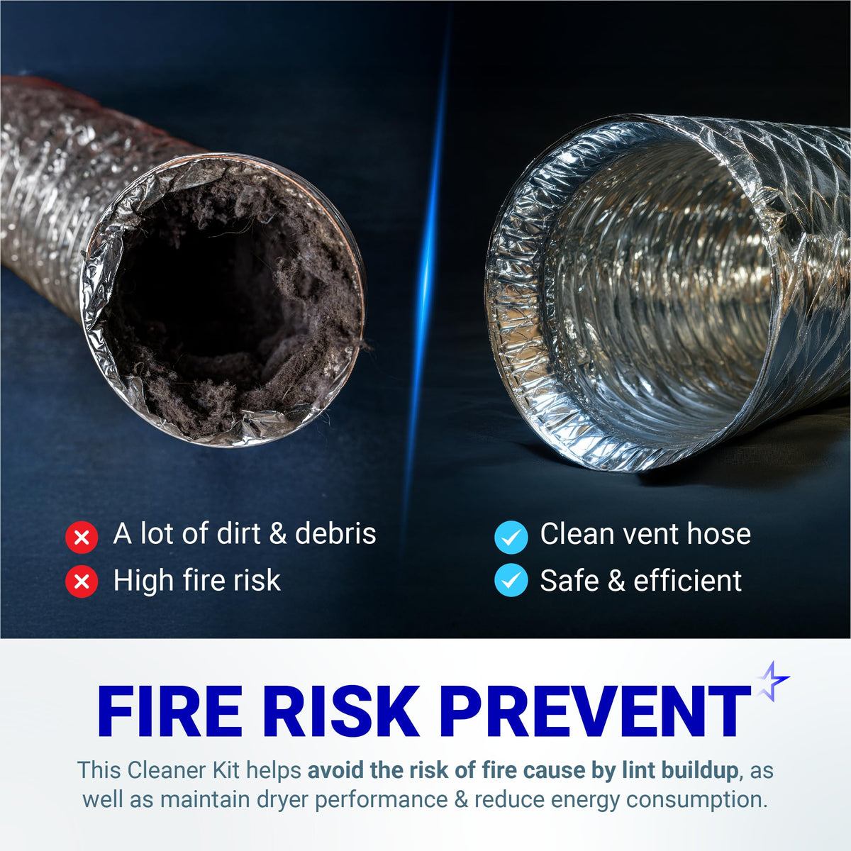 Comparison of a clogged dryer vent hose versus a clean vent hose to demonstrate fire risk prevention.