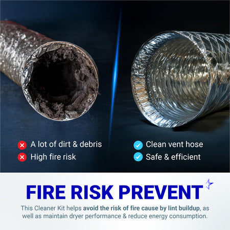 Comparison of a clogged dryer vent hose versus a clean vent hose to demonstrate fire risk prevention.