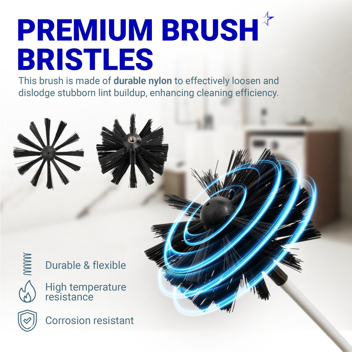 Durable nylon dryer vent cleaner brush head with flexible bristles for effective lint removal.