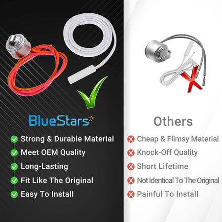 Comparison chart showing BlueStars refrigerator defrost thermostat quality versus generic alternatives.