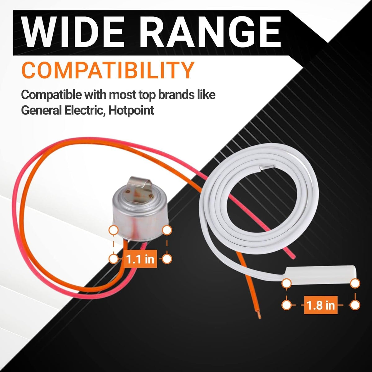 Infographic showing dimensions for WR55X10025 refrigerator temperature sensor and WR50X10068 defrost thermostat.