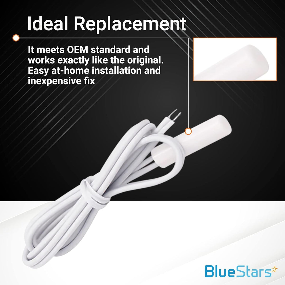 WR55X10025 refrigerator temperature sensor with white wire harness and close-up view of the sensor tip.
