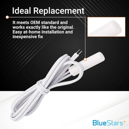 WR55X10025 refrigerator temperature sensor with white wire harness and close-up view of the sensor tip.