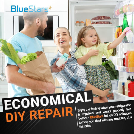 Family smiling in front of a refrigerator with text overlay promoting BlueStars economical DIY refrigerator repair.