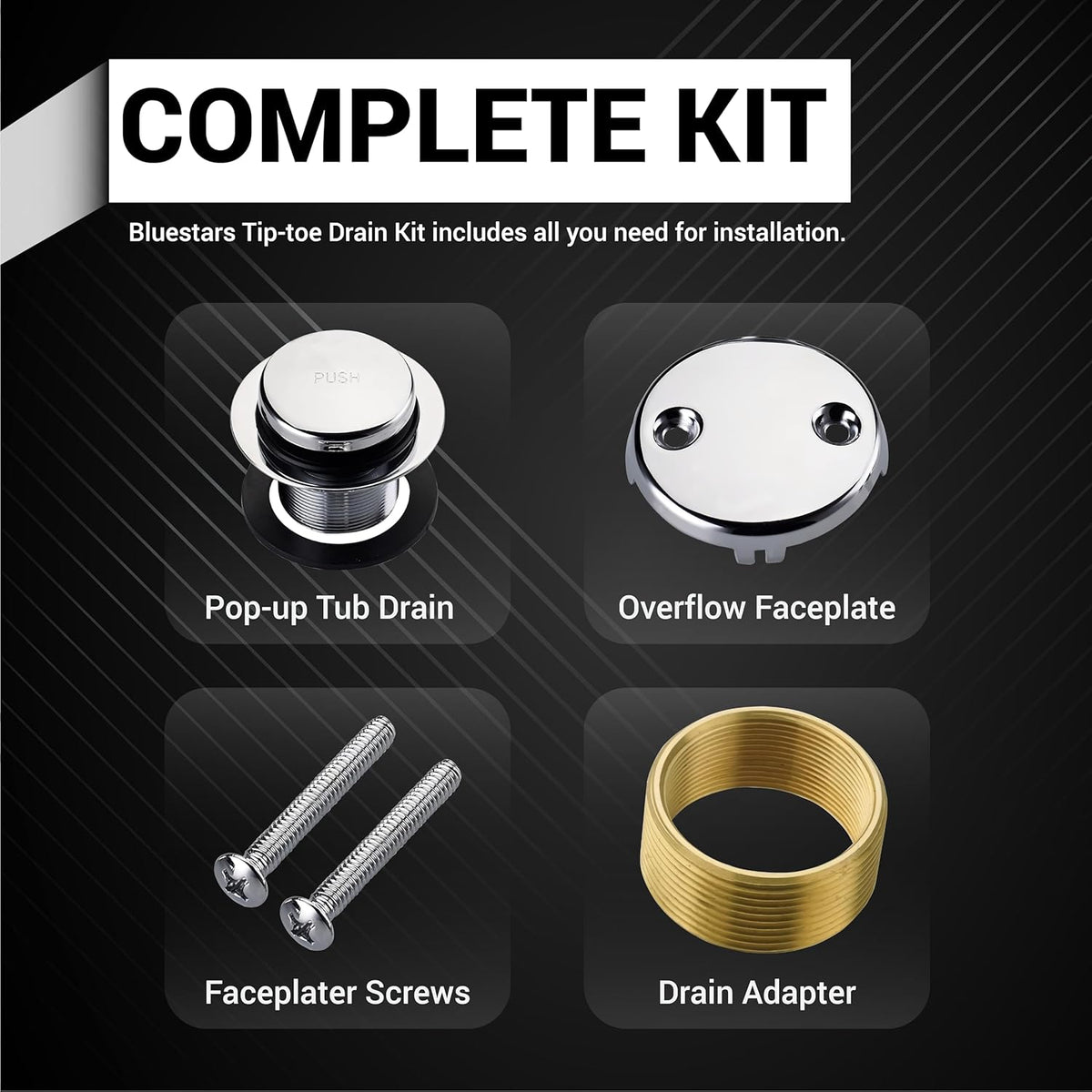 Components of a Tip-Toe Tub Trim Kit including pop-up drain, two-hole overflow faceplate, screws, and drain adapter.
