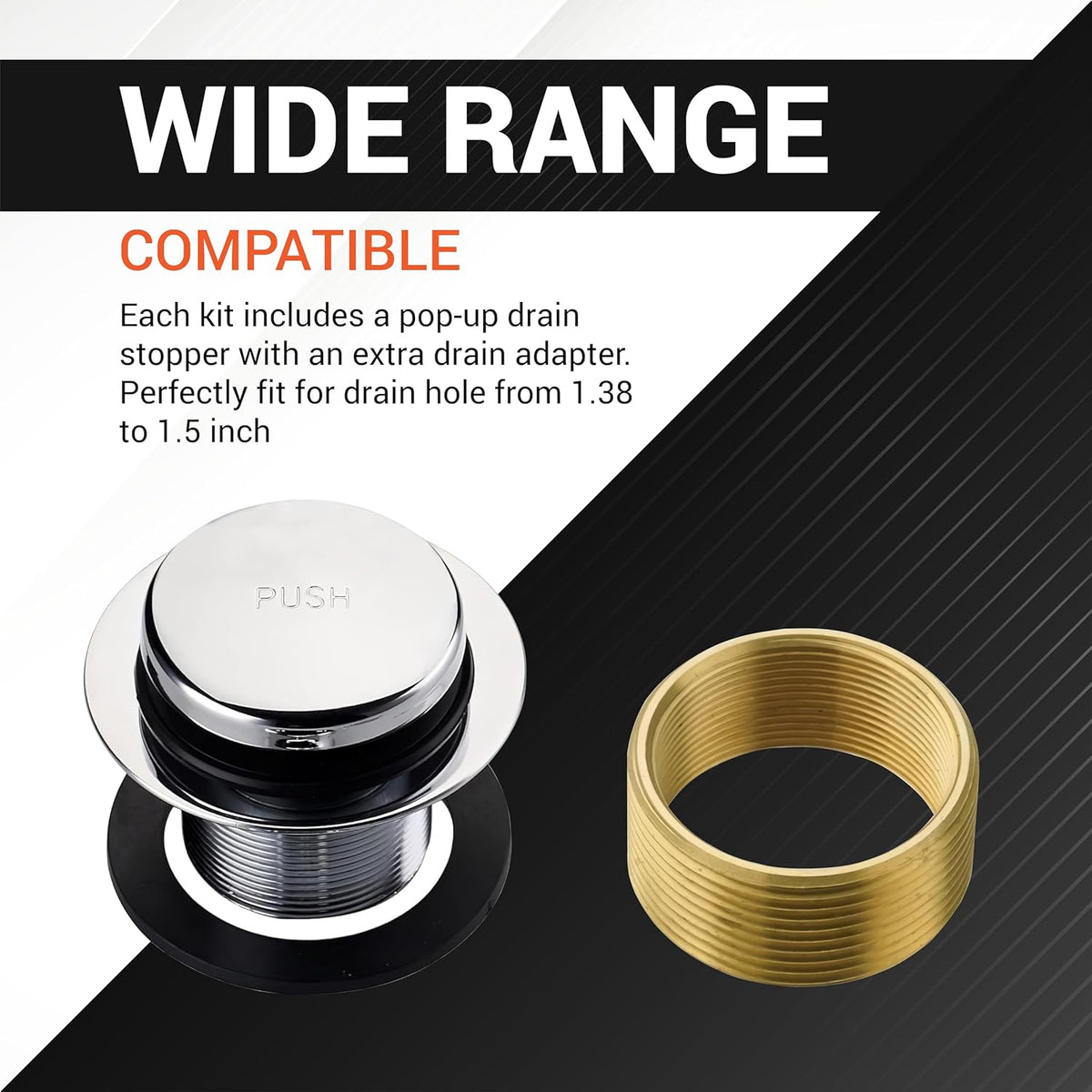 Tip-Toe tub pop-up drain stopper with extra brass adapter for 1.38 to 1.5 inch drain holes.