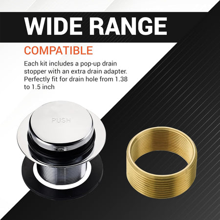 Tip-Toe tub pop-up drain stopper with extra brass adapter for 1.38 to 1.5 inch drain holes.