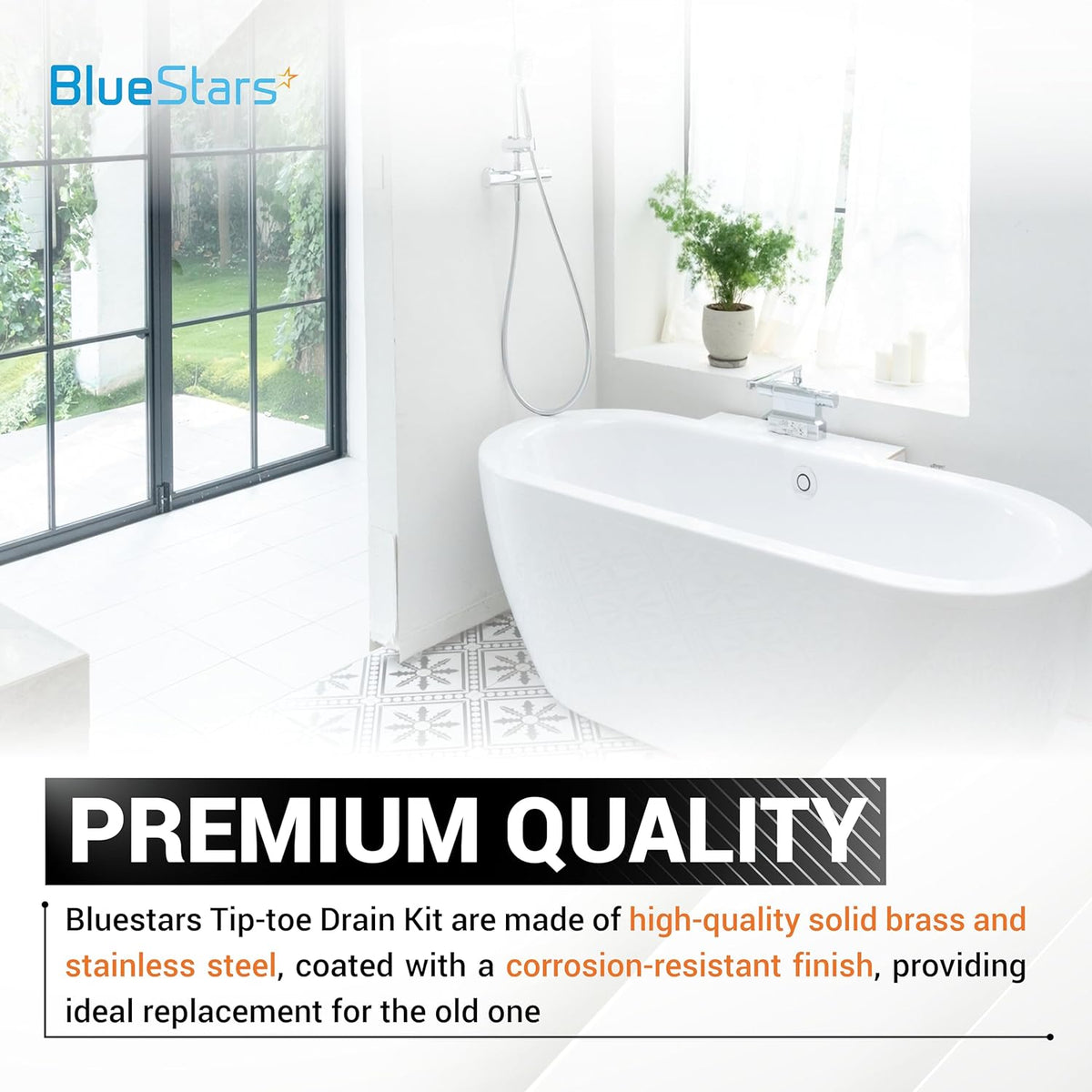 Lifestyle image of a modern bathroom featuring a bathtub with a BlueStars tip-toe drain trim kit installed.