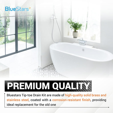 Lifestyle image of a modern bathroom featuring a bathtub with a BlueStars tip-toe drain trim kit installed.