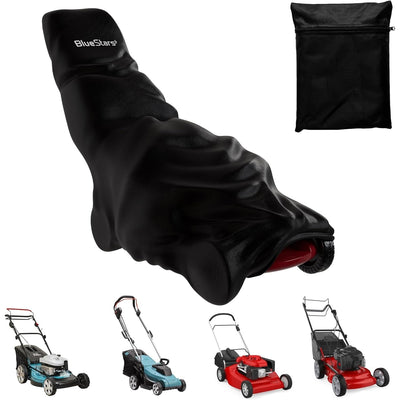 Black heavy-duty waterproof lawn mower cover with storage bag and examples of compatible push lawn mowers.