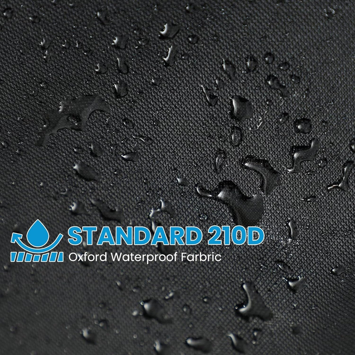 Close-up of waterproof 210D Oxford fabric on a heavy-duty lawn mower cover with water droplets on the surface.