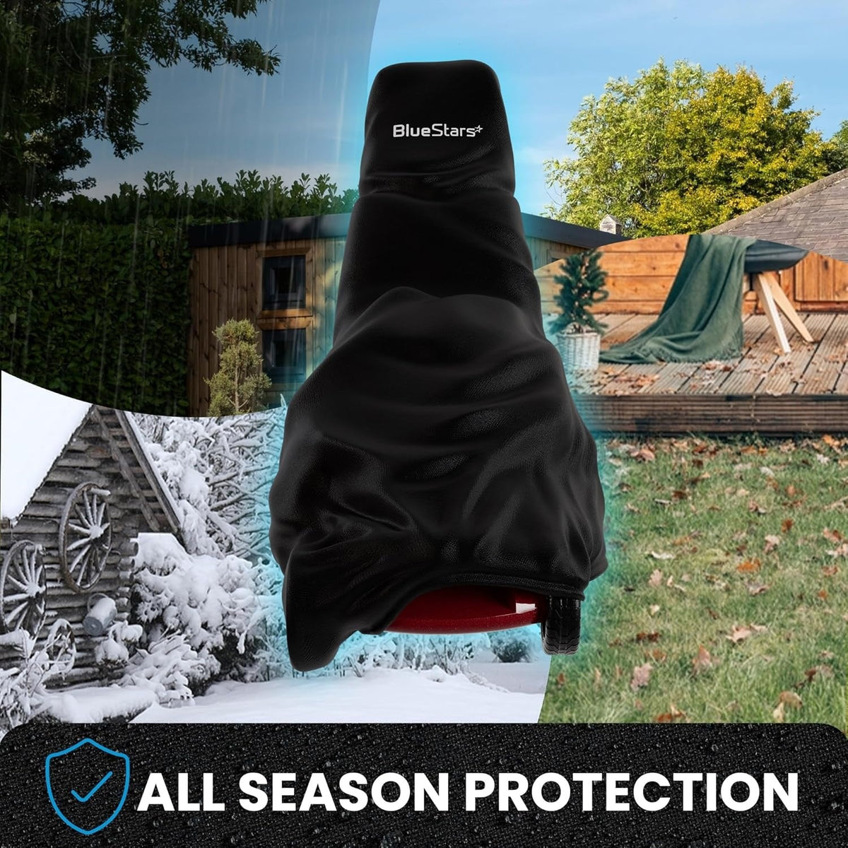 Black waterproof lawn mower cover providing all-season protection in various outdoor weather conditions.