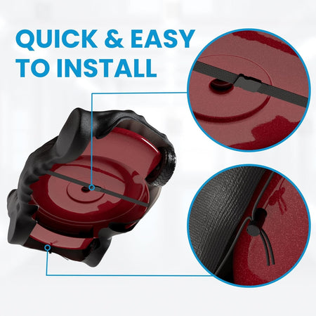 Close-up of lawn mower cover showing quick and easy installation with adjustable straps and drawstring cord.