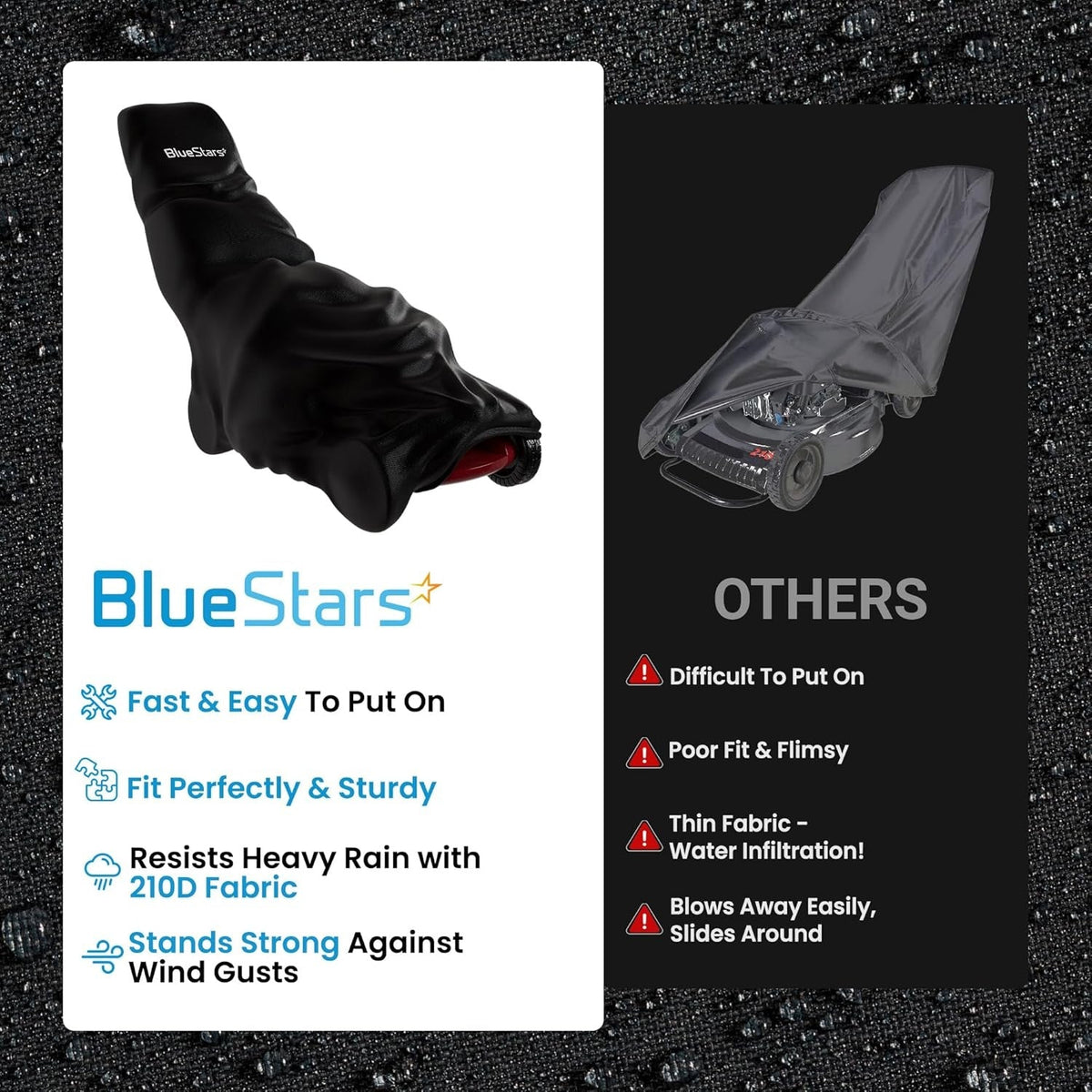 Comparison chart showing BlueStars heavy-duty waterproof lawn mower cover versus a flimsy competitor cover.