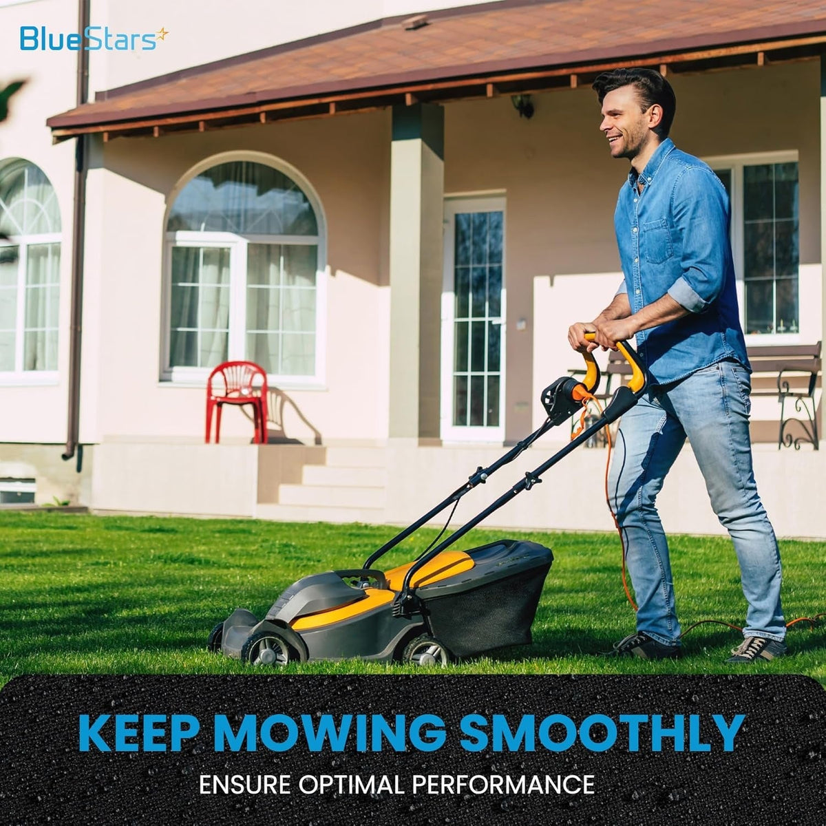 Man mowing a lawn with a push mower to maintain optimal performance for lawn equipment.