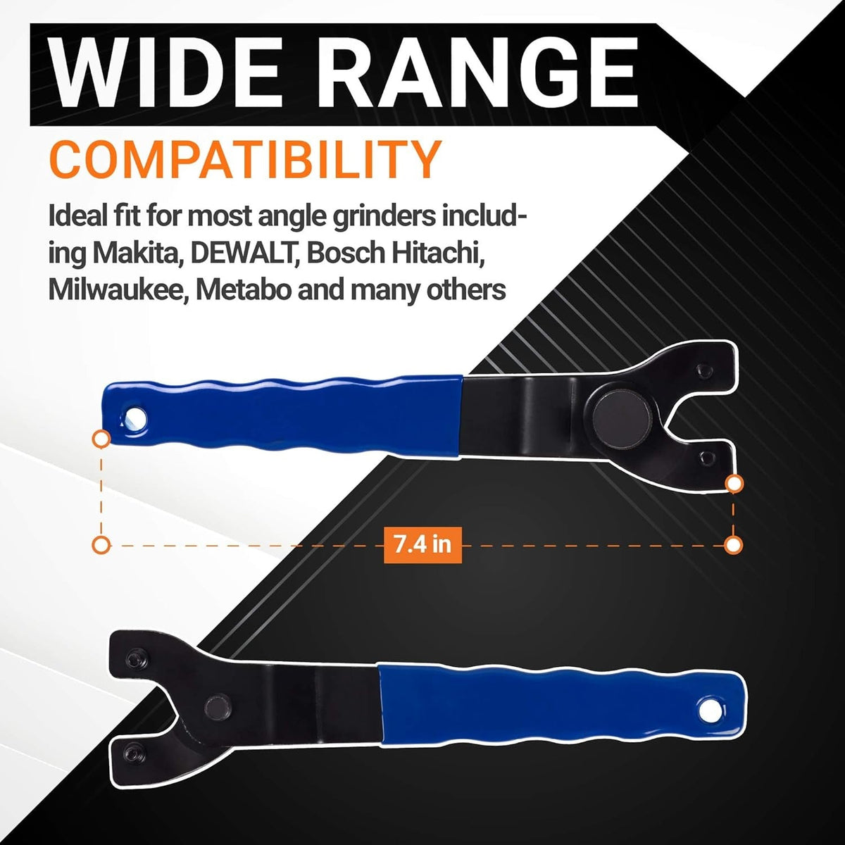 SEWA20 adjustable lock-nut grinder wrench showing 7.4-inch length and wide compatibility with major power tool brands.
