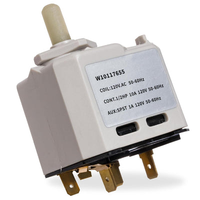 W10117655 dryer start switch replacement part with electrical specifications label and metal terminal connectors.