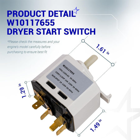 W10117655 dryer start switch showing product dimensions and technical specifications.