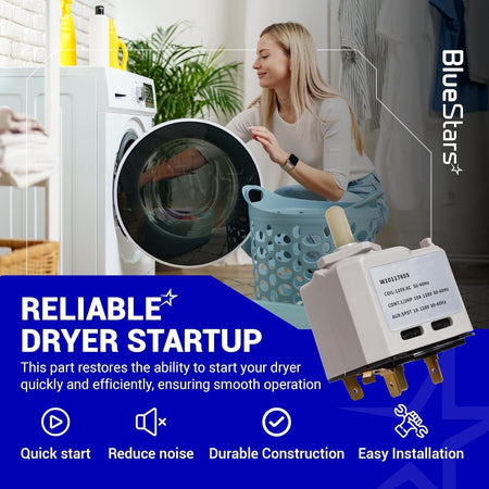 W10117655 dryer start switch replacement part shown on a promotional graphic for Whirlpool, Maytag, and Kenmore dryers.