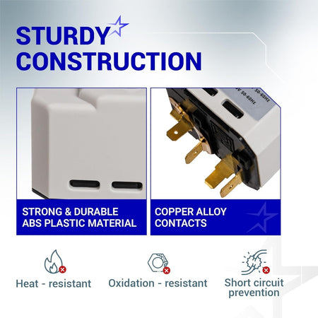 Infographic showing W10117655 dryer start switch construction with durable ABS plastic and copper alloy contacts.