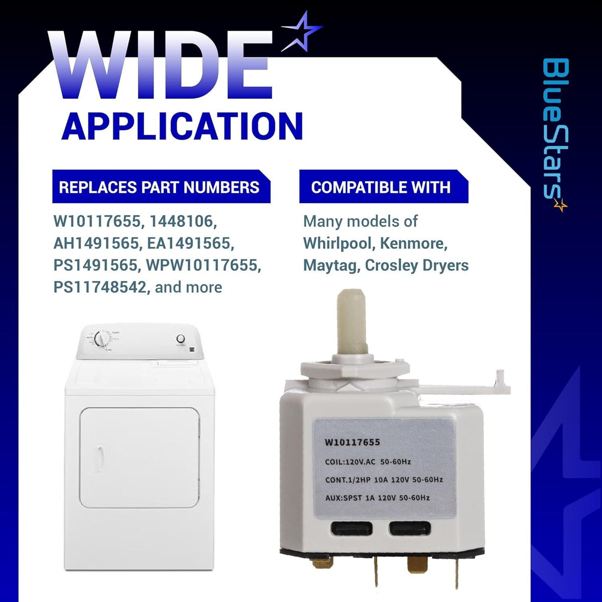 W10117655 dryer start switch compatibility chart showing replacement part numbers and compatible dryer brands.