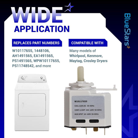 W10117655 dryer start switch compatibility chart showing replacement part numbers and compatible dryer brands.