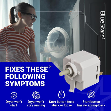 W10117655 dryer start switch replacement part shown with common dryer repair symptoms and compatibility information.