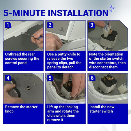 Six-step installation guide for W10117655 dryer start switch showing control panel removal and switch replacement.