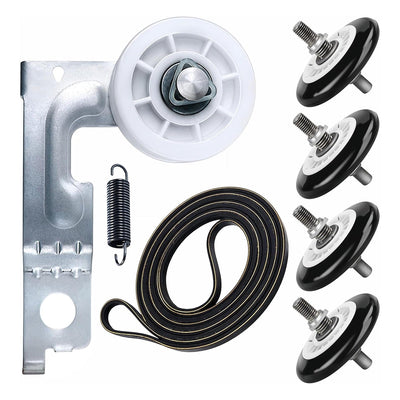 Dryer repair kit with four drum rollers, idler pulley assembly, drive belt, and tension spring for LG and Kenmore dryers.