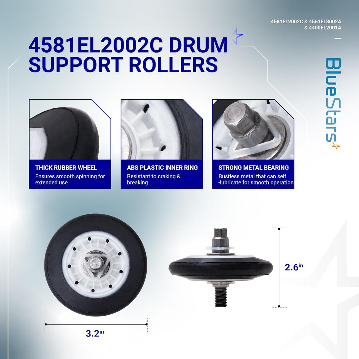 4581EL2002C dryer drum support roller showing dimensions, rubber wheel, and metal bearing construction details.