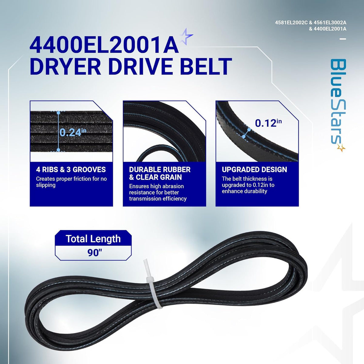4400EL2001A dryer drive belt replacement showing 90-inch length, 4-rib design, and durable rubber construction.