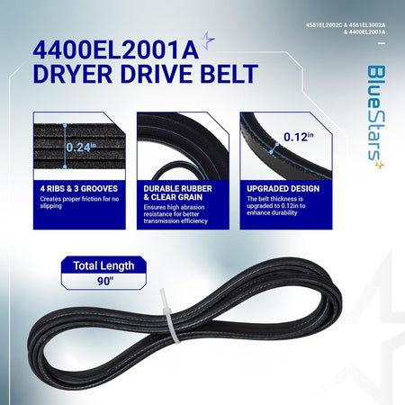 4400EL2001A dryer drive belt replacement showing 90-inch length, 4-rib design, and durable rubber construction.