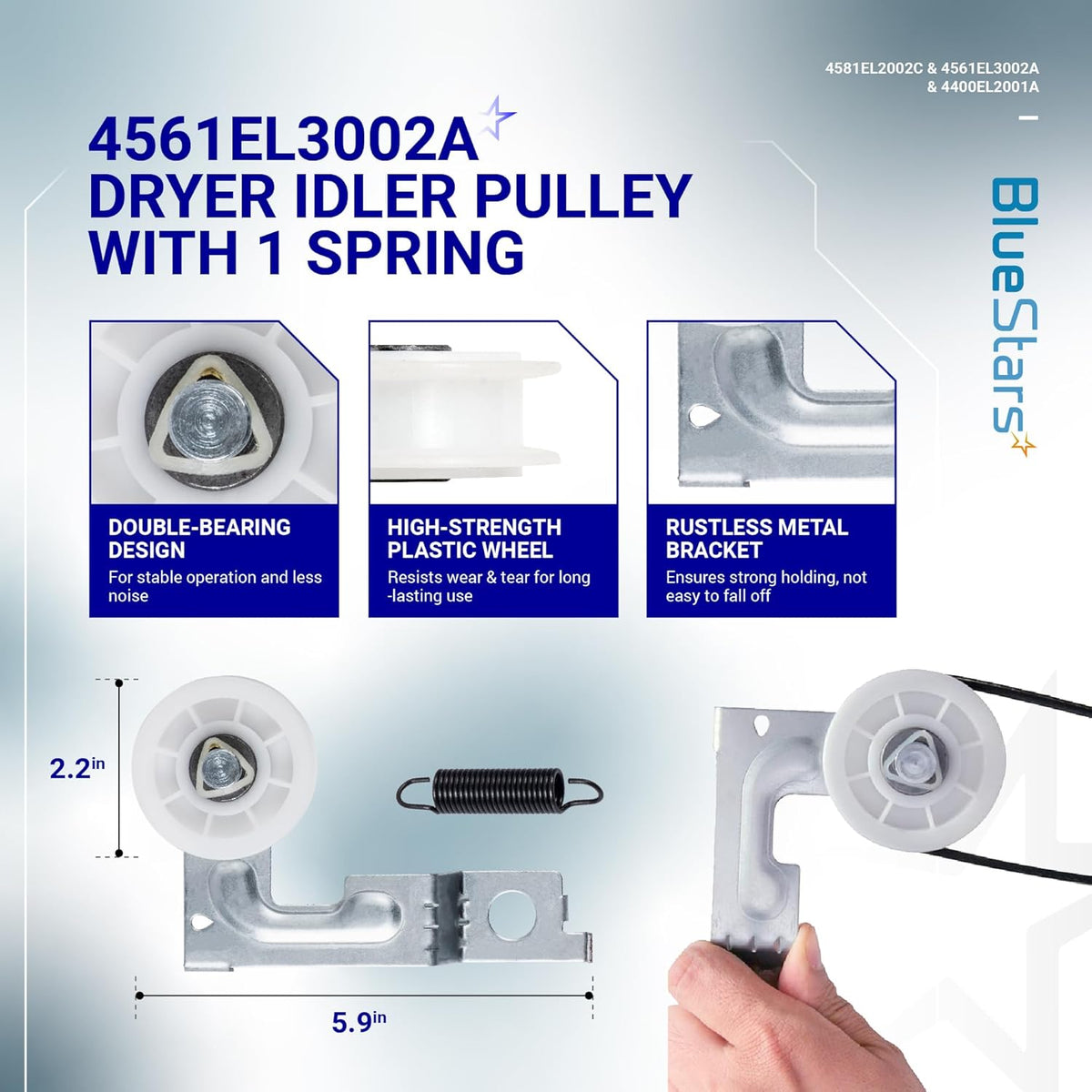 4561EL3002A dryer idler pulley assembly with spring and bracket for LG and Kenmore dryers, showing features and dimensions.