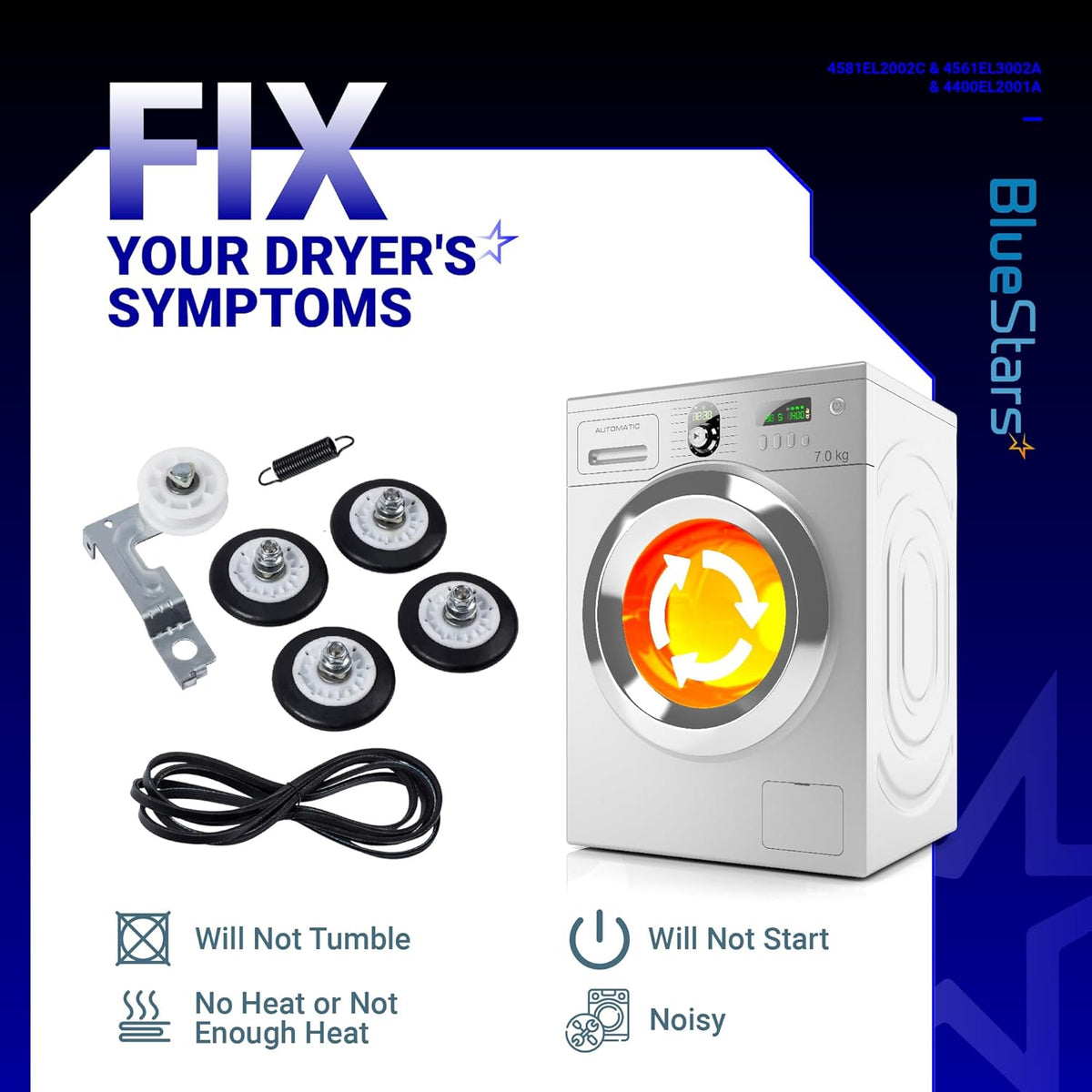 Dryer roller repair kit including drum rollers, idler pulley, belt, and spring for LG and Kenmore dryers.