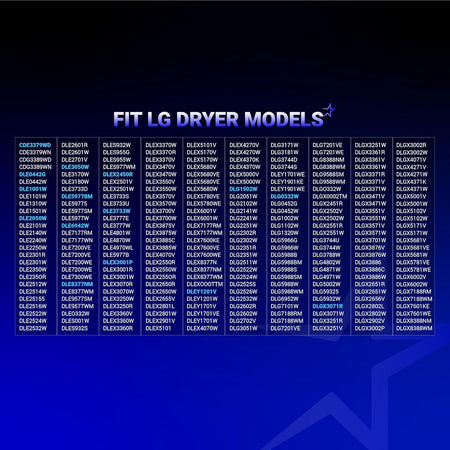 Compatibility chart listing LG and Kenmore dryer model numbers for the dryer roller repair kit.
