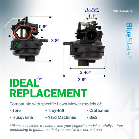 799584 592361 lawn mower carburetor replacement with detailed dimensional measurements for 140CC engines.
