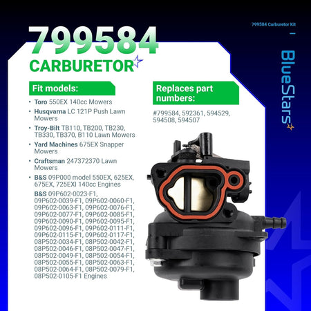 799584 carburetor replacement for 550EX 625EX 675EX 725EXI engines with compatibility and part number information graphic.